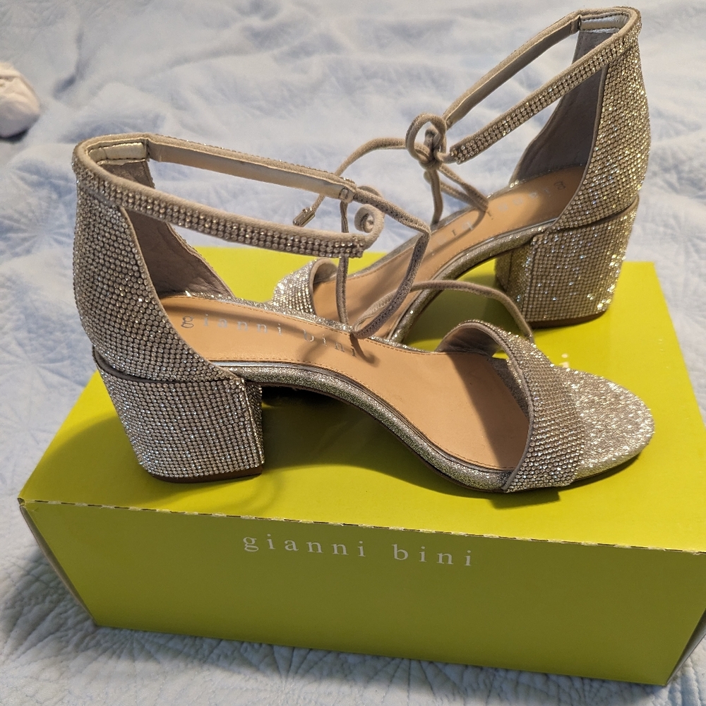 Gianni Bini Rhiaann Two Rhinestone Ankle Tie Block Heel Dress Sandals
